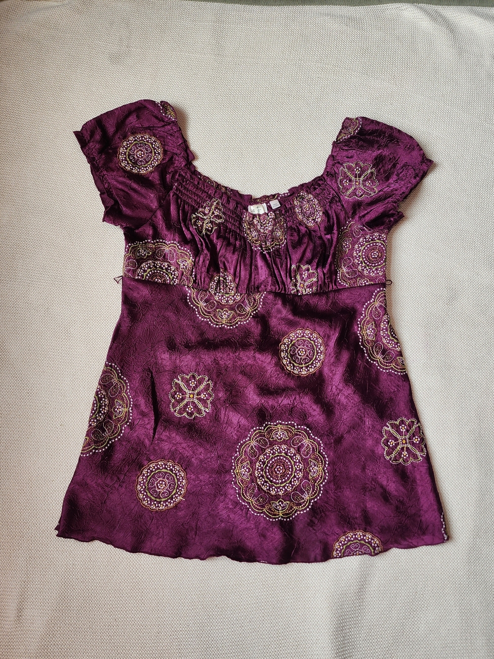 Heart Soul Purple Scoop Neck Embroidered Blouse